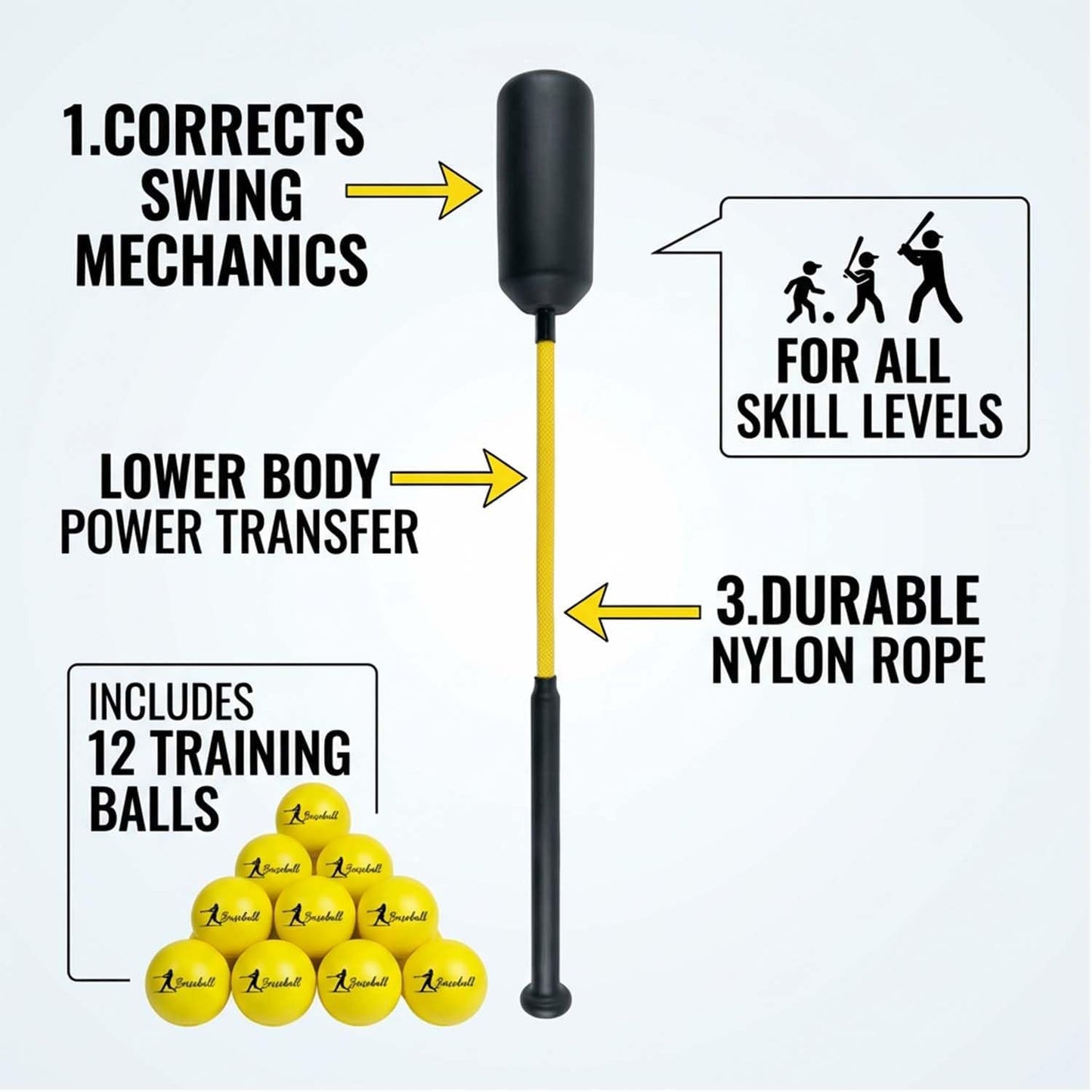 Baseball Swing Trainer Bat – 12 Soft Practice Balls & Carry Bag