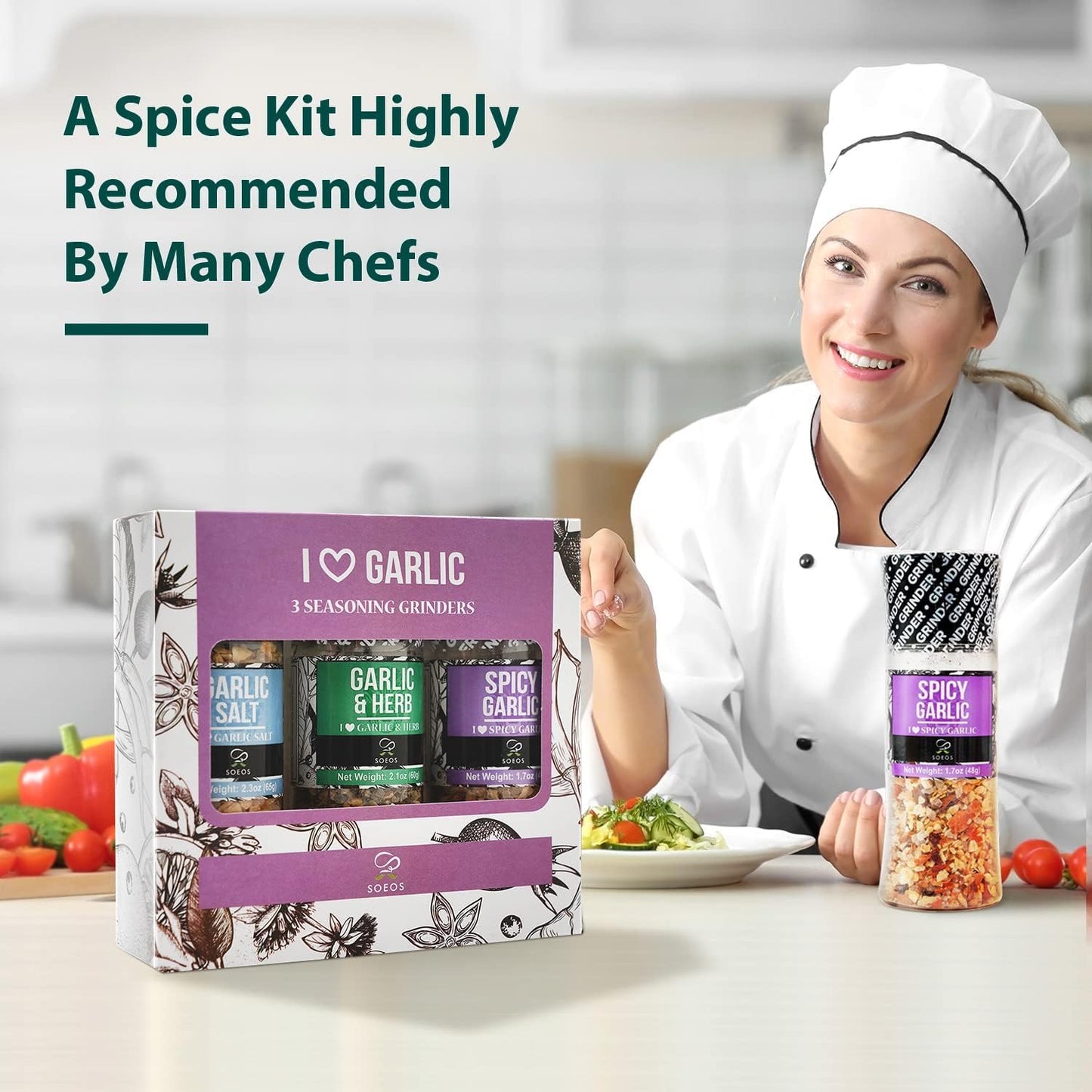 Soeos Spice Grinder Set of 9 — Fresh BBQ Seasoning with Adjustable Pepper Mills & Refillable Glass Bottles