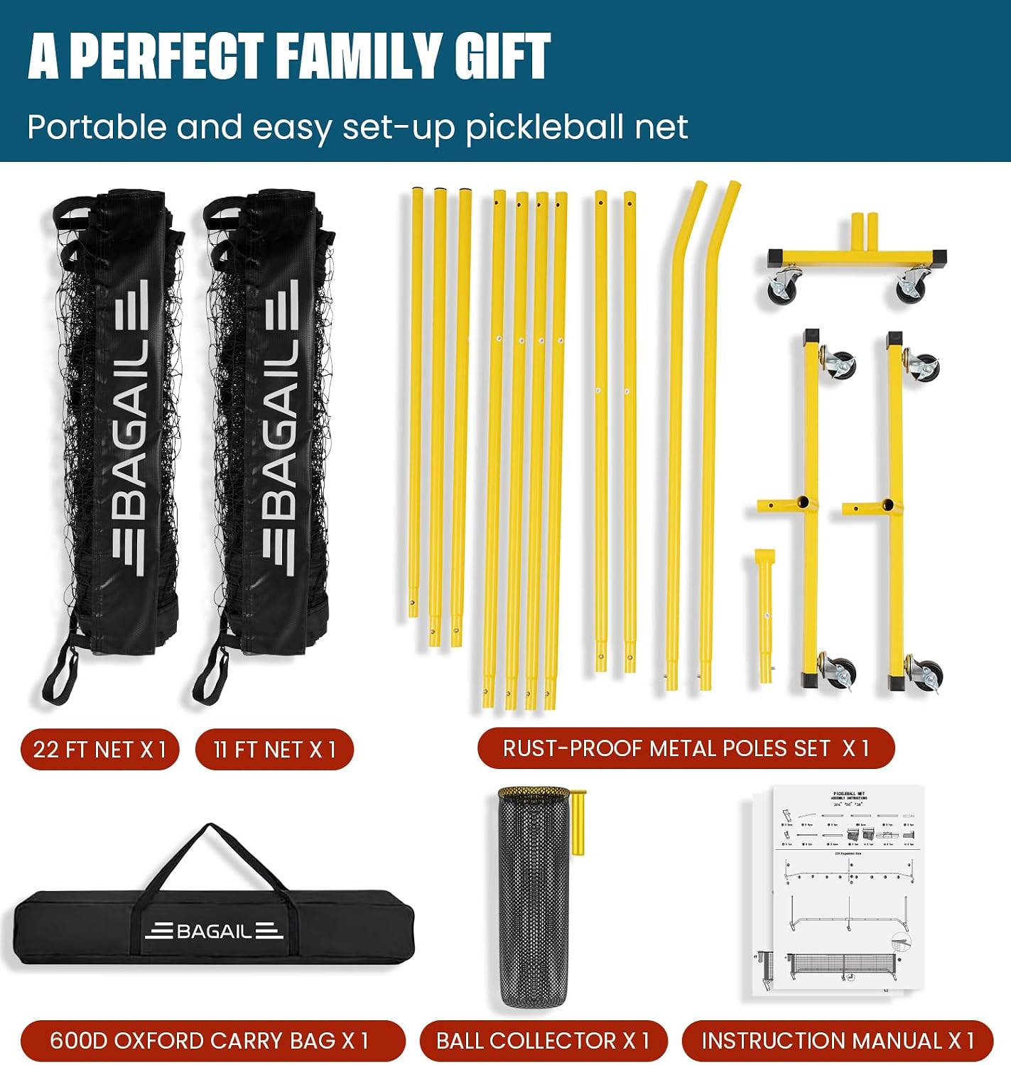 BAGAIL Portable Pickleball Net Set with Wheels, 22 FT Regulation Size