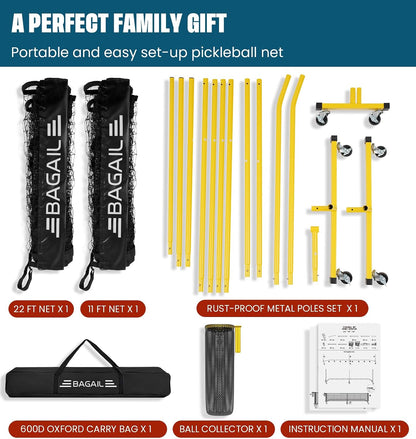 BAGAIL Portable Pickleball Net Set with Wheels, 22 FT Regulation Size