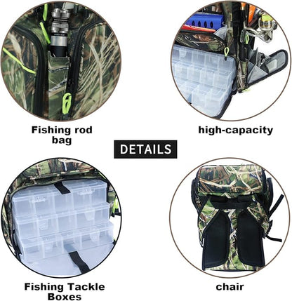 PLAY-KING Fishing Backpack Tackle Box Bag with Rod Holder Boxes Foldable Fishing Chair, perfect for Outdoor, used by Men