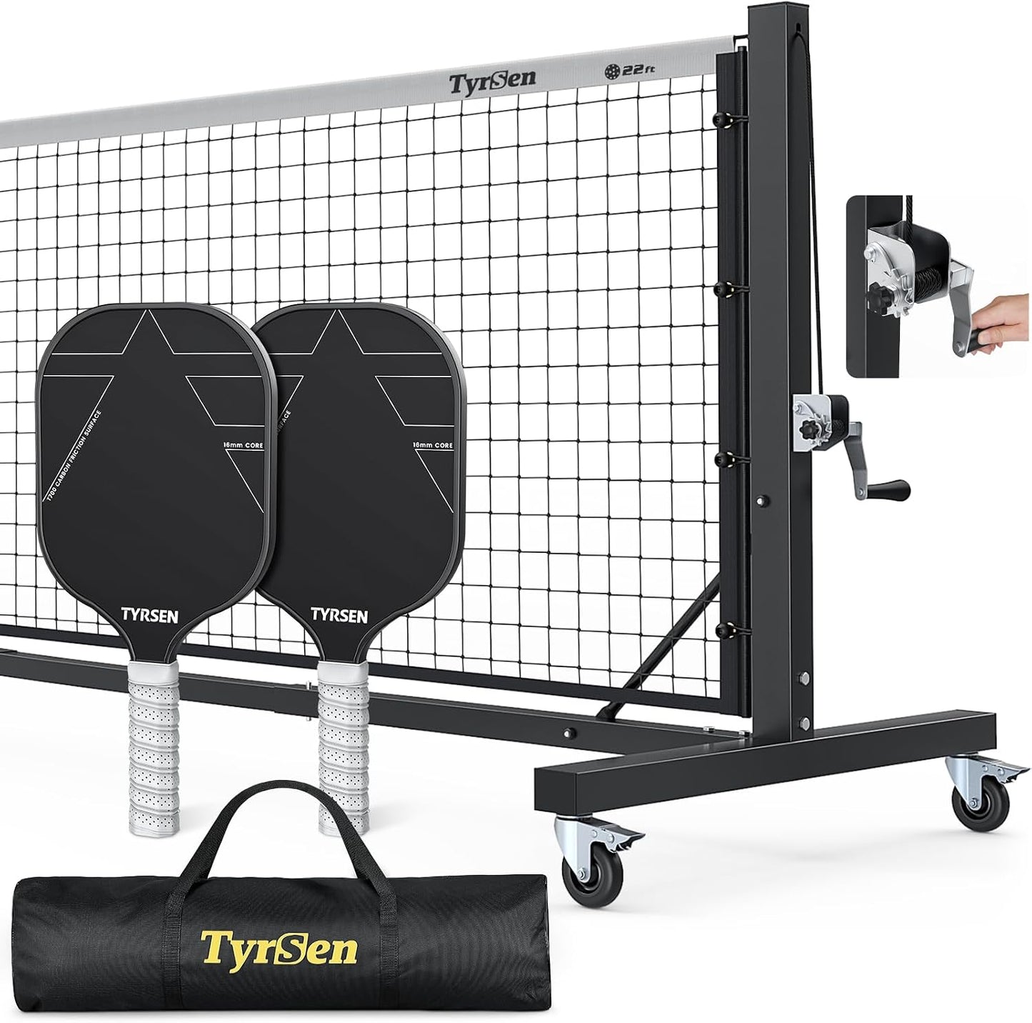 Pro Pickleball Net Set, T700 Carbon Fiber Paddles + 22ft Tournament Net with Locking Wheels
