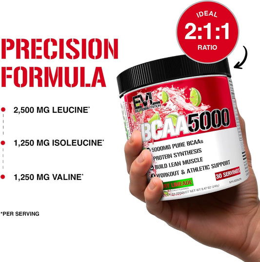 EVL BCAA5000 Powder - 5G Branched Chain Amino Acids - 30 Servings - Cherry