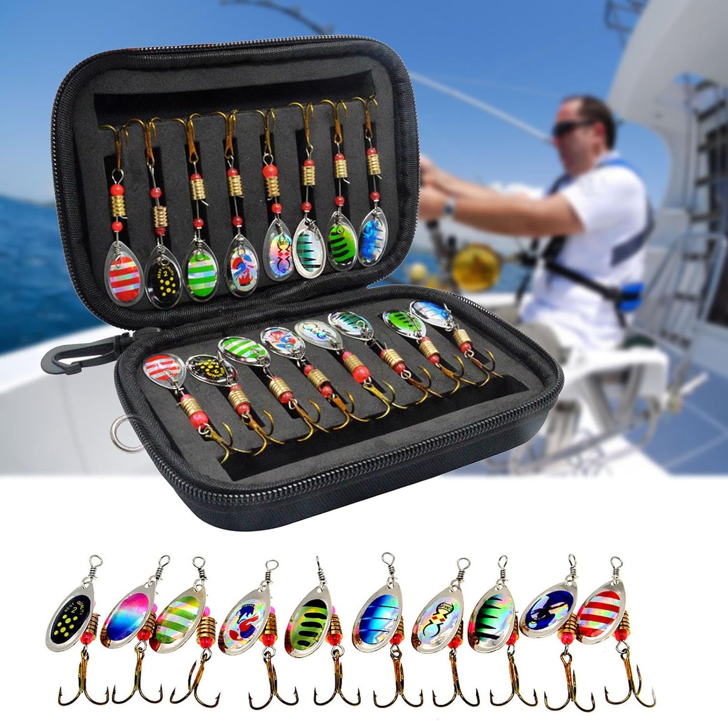 Vkinman 16 Pcs Fishing Lures Spinner Bait with Treble Hooks for Bass Trout Salmon Fishing Tackle Spinnerbait Spoons Metal Sequins Spinners Baits Fishing...