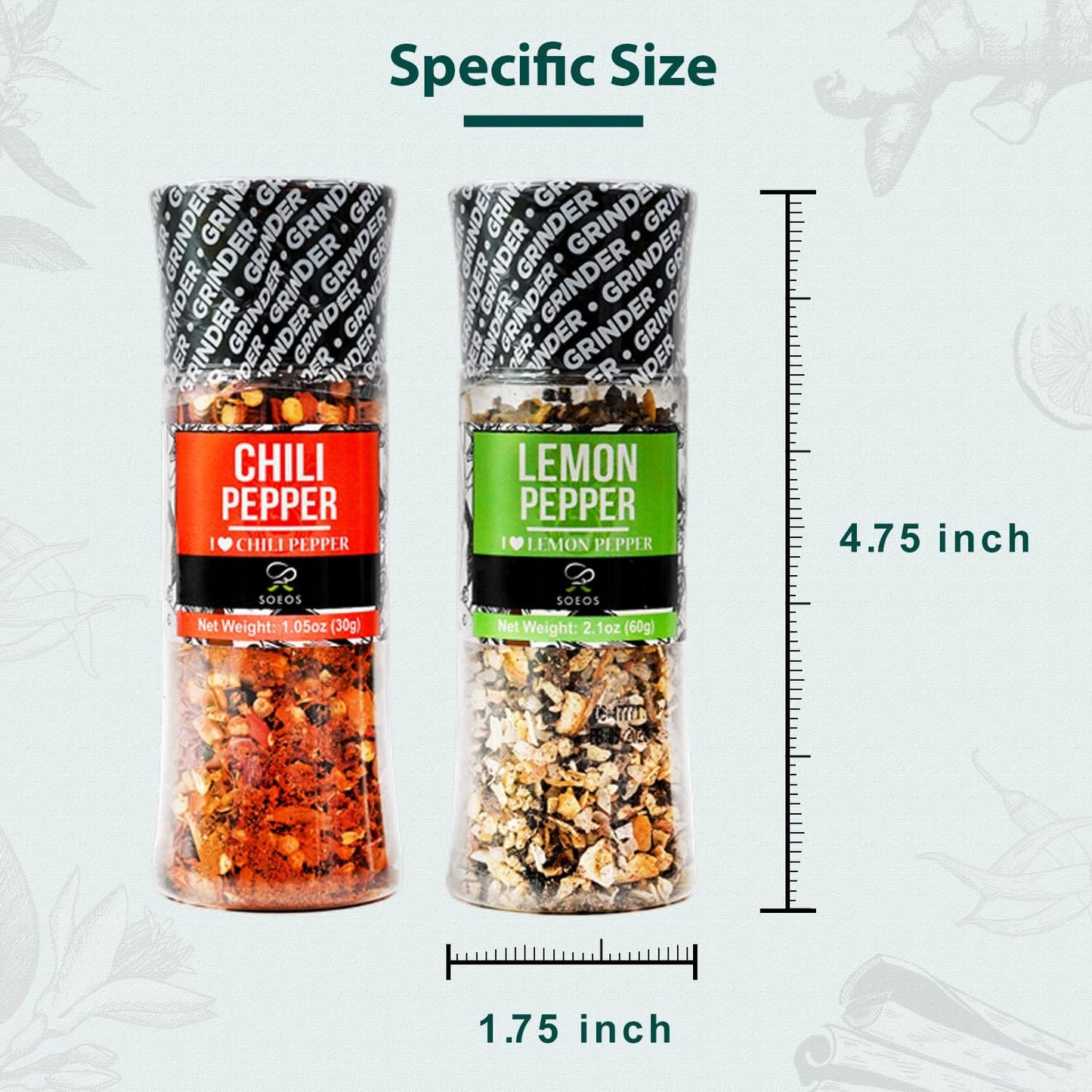 Soeos Spice Grinder Set of 9 — Fresh BBQ Seasoning with Adjustable Pepper Mills & Refillable Glass Bottles