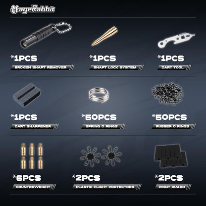 MageRabbit Dart Accessories Kit, 36 Dart Flights, 45 Dart Shafts, Sharpener, Dart Stems Remover Tool, 50 Metal Rings, 16 Dart Flight Protectors