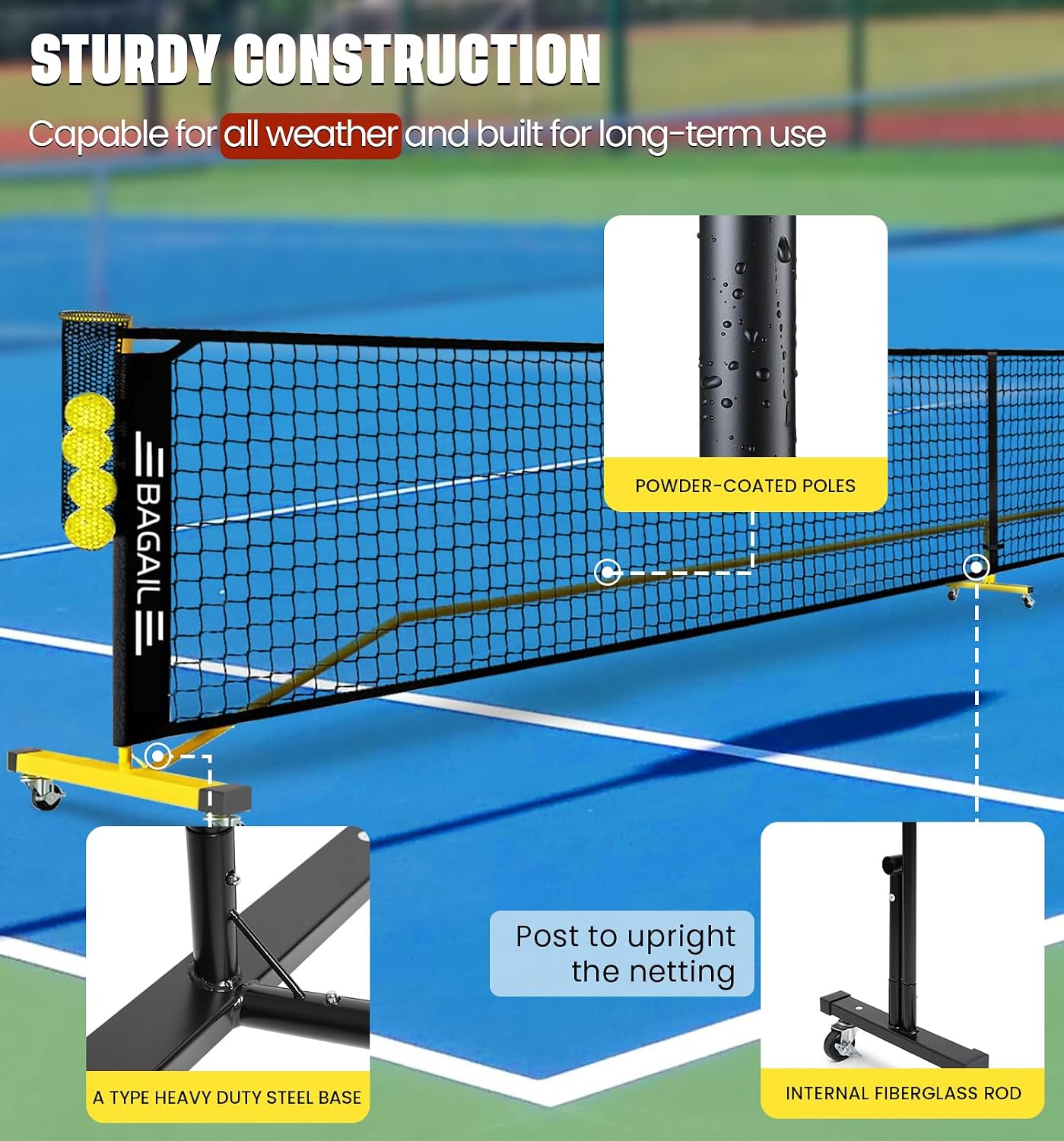 BAGAIL Portable Pickleball Net Set with Wheels, 22 FT Regulation Size