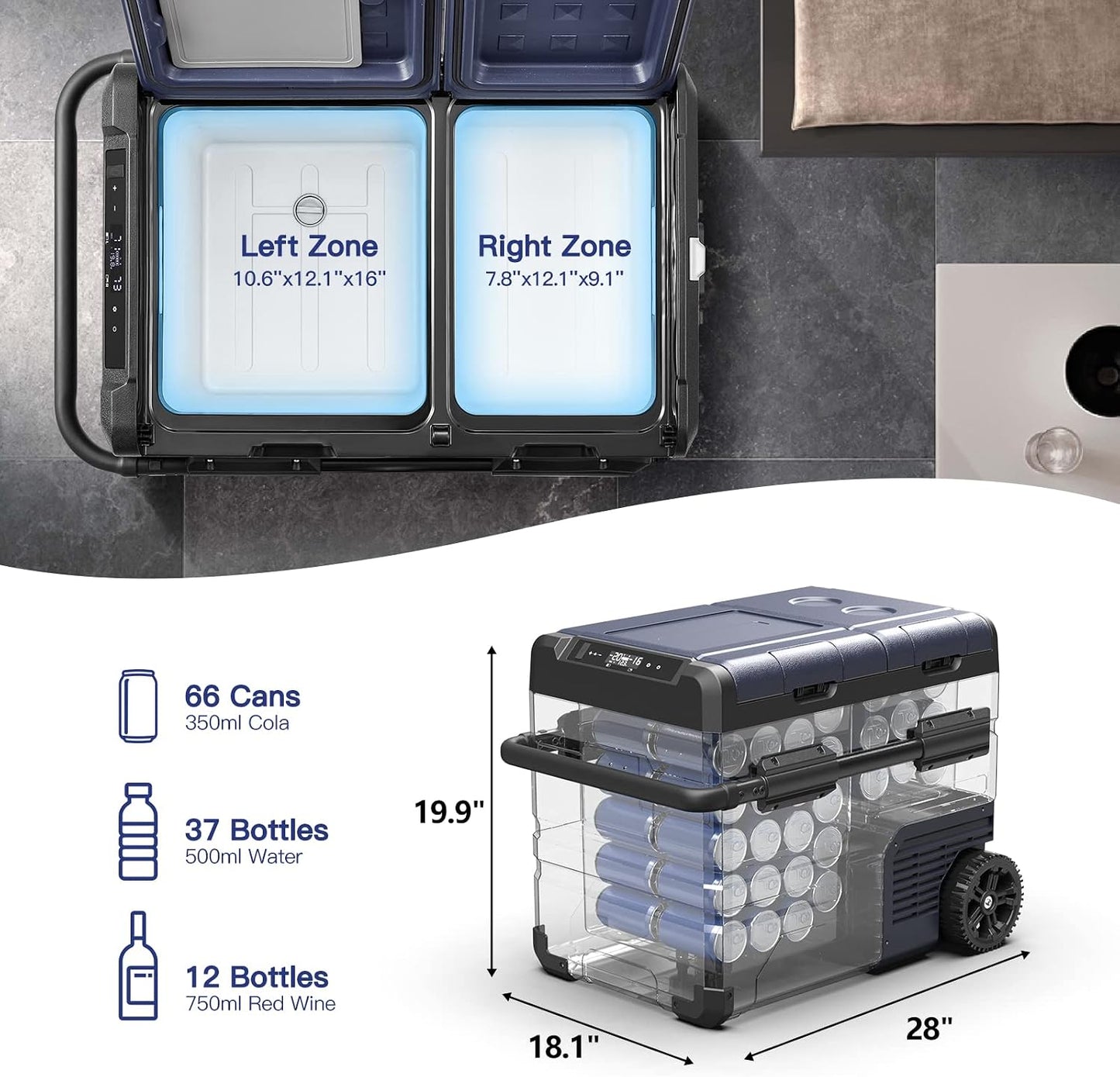 BODEGACOOLER 12V Portable Refrigerator Dual Zone 48 Quart, 45L Portable Car Fridge Freezer