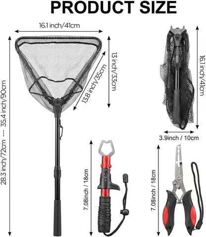 3Pcs Fishing Tool Kit Includes Folding Fishing Landing Net, Fish Lip Gripper, Multifunctional Fishing Pliers with Lanyard Sheath, Fishing Gear Accessories...