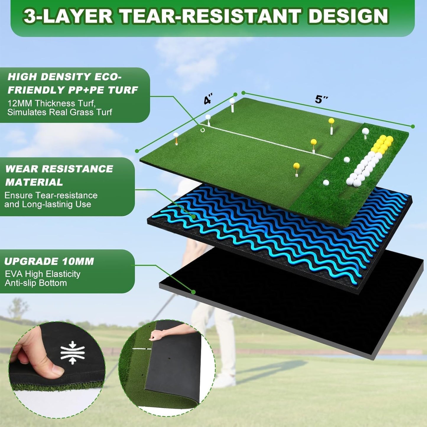 Golf Mat, 5x4FT&23X16IN Practice Mat Indoor/Outdoor,Artificial Thickened Golf Hitting Mat