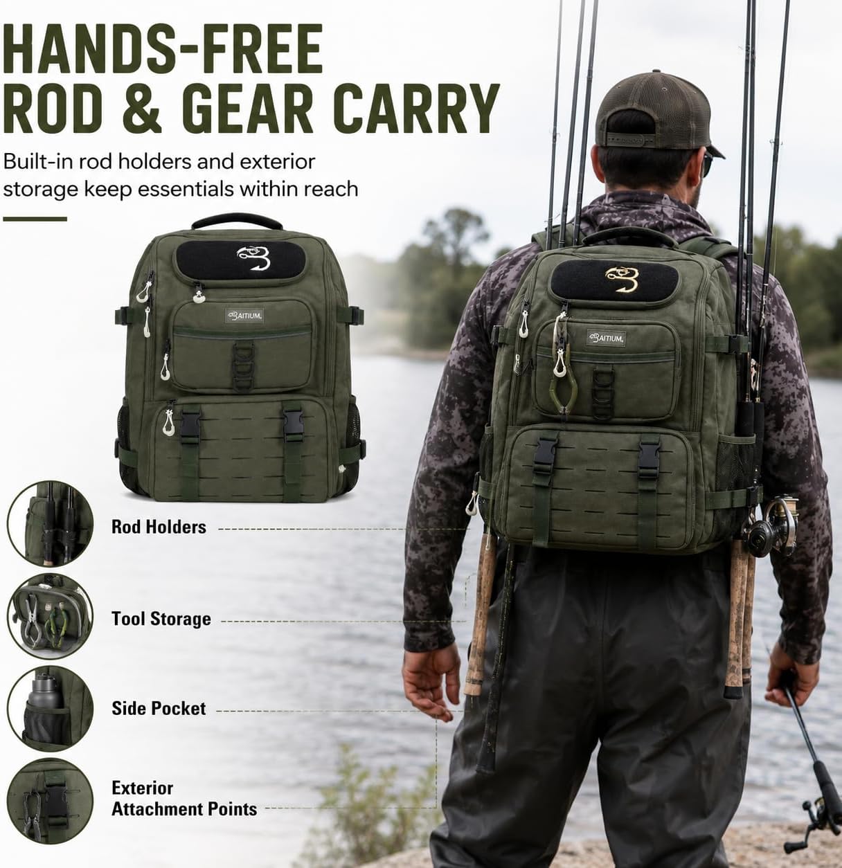 Baitium Fishing Backpack, Tackle Bag With Rod Holders