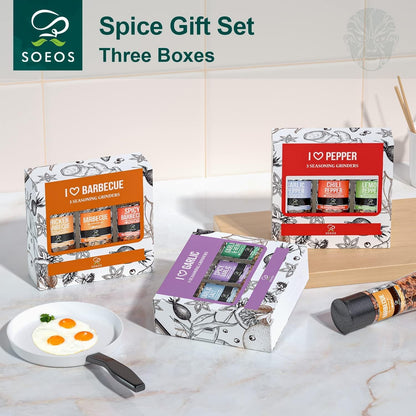 Soeos Spice Grinder Set of 9 — Fresh BBQ Seasoning with Adjustable Pepper Mills & Refillable Glass Bottles
