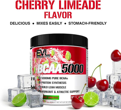 EVL BCAA5000 Powder - 5G Branched Chain Amino Acids - 30 Servings - Cherry