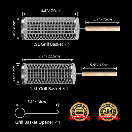 Rolling Grill Basket with Removable Wooden Handle