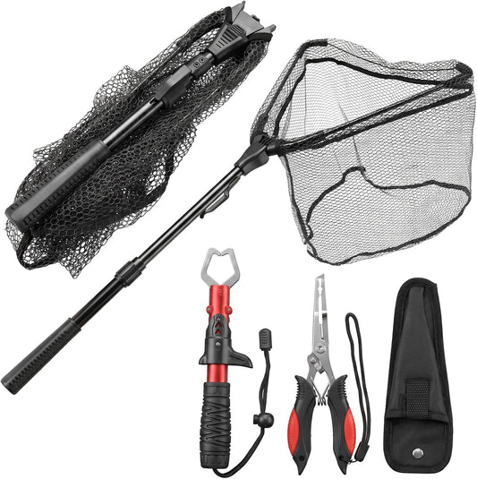 3Pcs Fishing Tool Kit Includes Folding Fishing Landing Net, Fish Lip Gripper, Multifunctional Fishing Pliers with Lanyard Sheath, Fishing Gear Accessories...