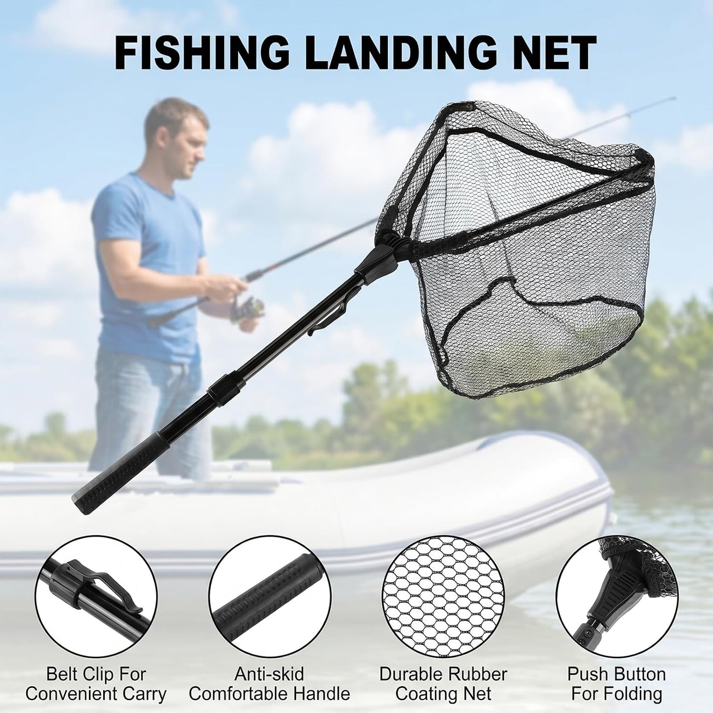 3Pcs Fishing Tool Kit Includes Folding Fishing Landing Net, Fish Lip Gripper, Multifunctional Fishing Pliers with Lanyard Sheath, Fishing Gear Accessories...