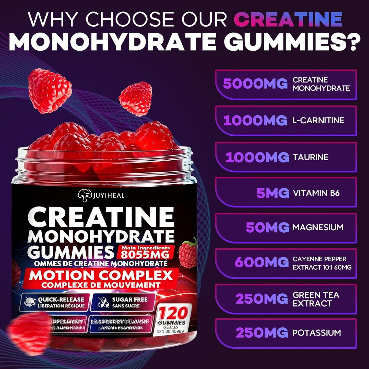 8-in-1 Creatine Monohydrate Gummies, 8055 mg Creatine Complex Gummies for Enhanced Muscle Growth, Energy Boost - with L-Taurine, B6, Sugar Free Creatine Supplement for Men & Women