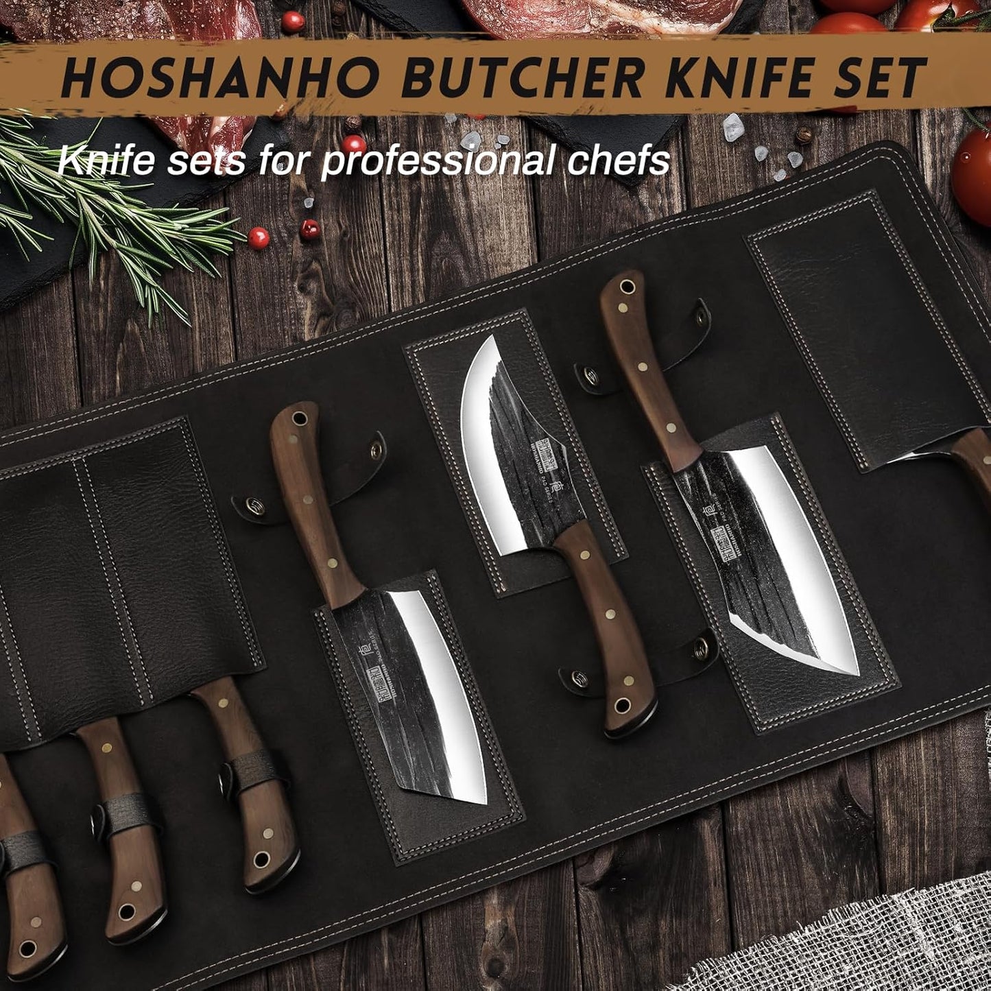 HOSHANHO Butcher Knife Set, Sharp Kitchen Knife Set & Roll Bag