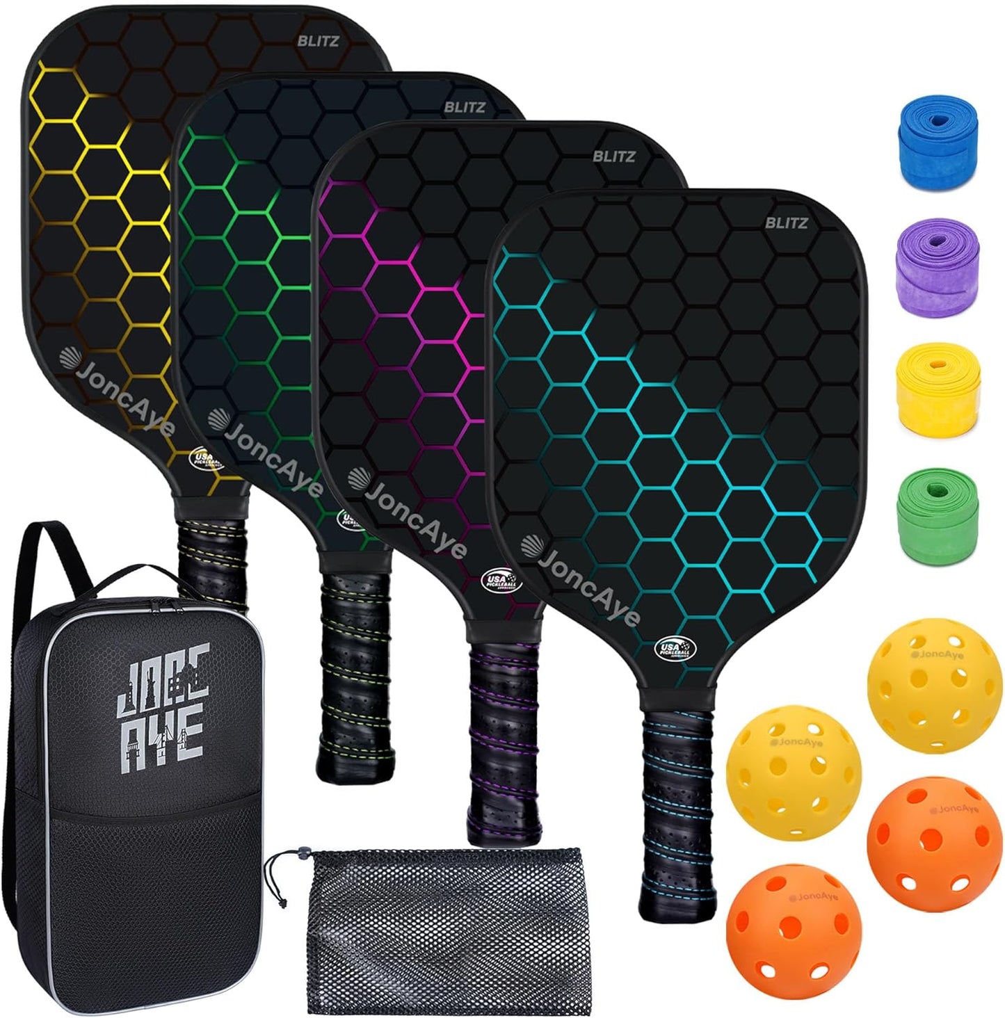 JoncAye Pickleball Paddles Set of 4 or 2 Fiberglass Rackets USAPA Approved