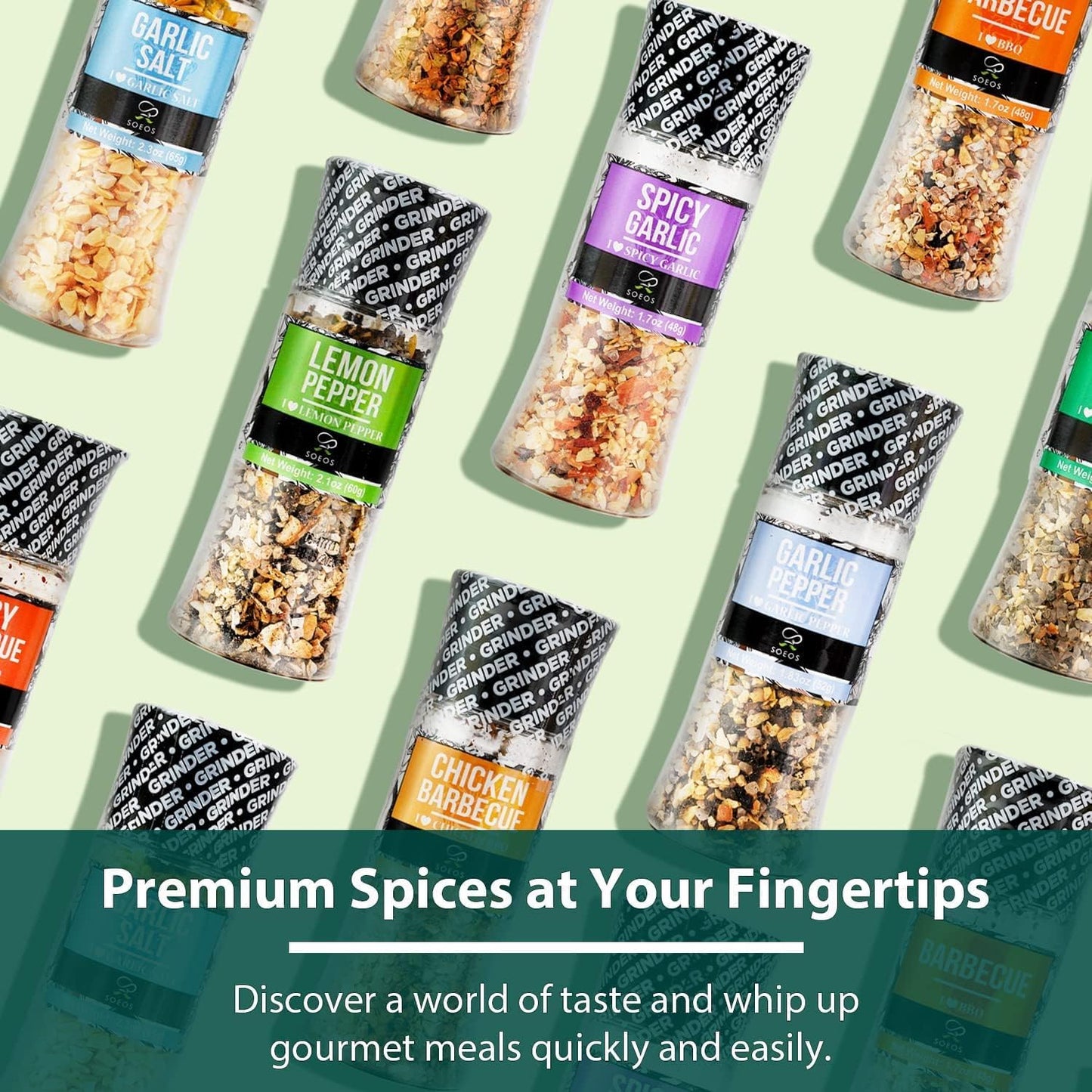Soeos Spice Grinder Set of 9 — Fresh BBQ Seasoning with Adjustable Pepper Mills & Refillable Glass Bottles