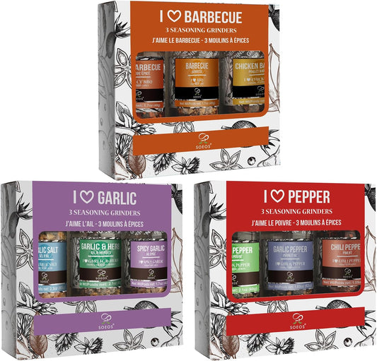 Soeos Spice Grinder Set of 9 — Fresh BBQ Seasoning with Adjustable Pepper Mills & Refillable Glass Bottles