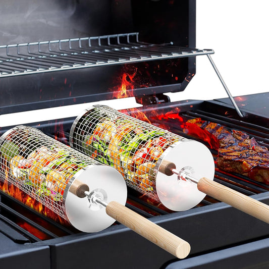 Rolling Grill Basket with Removable Wooden Handle