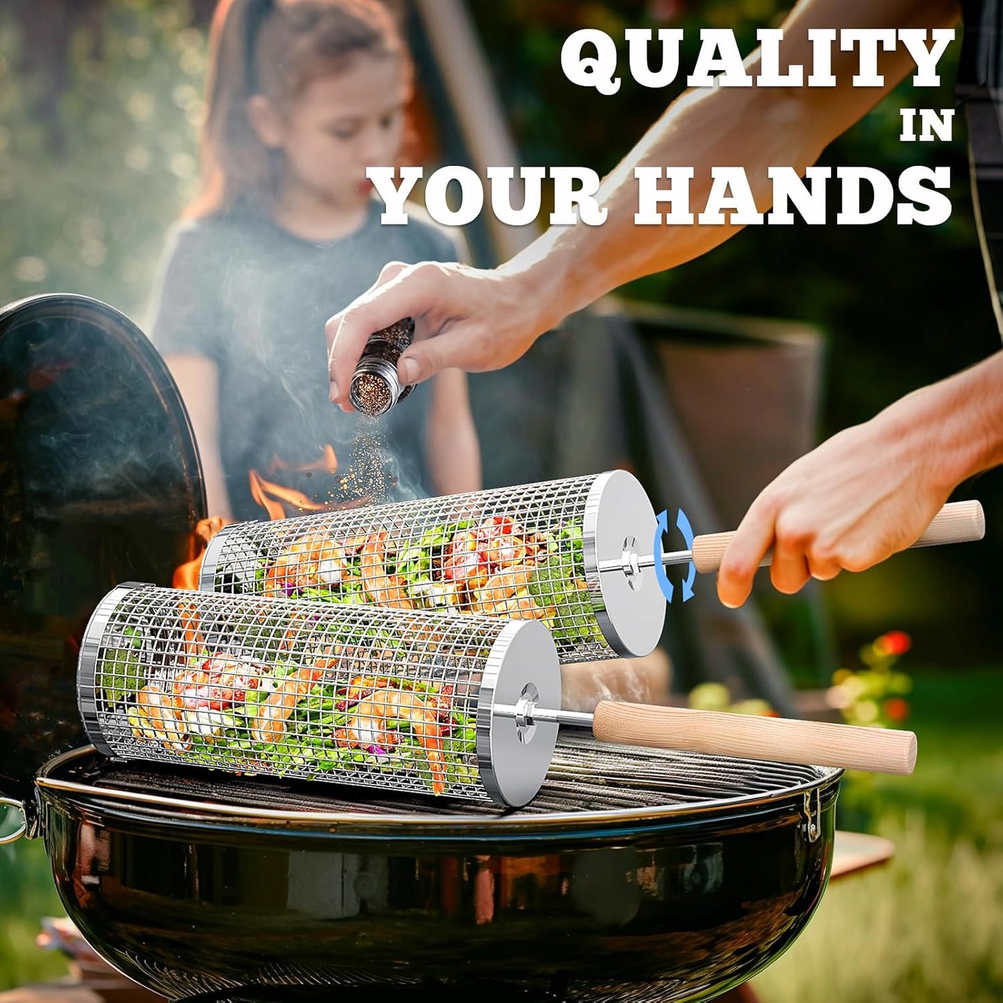 Rolling Grill Basket with Removable Wooden Handle