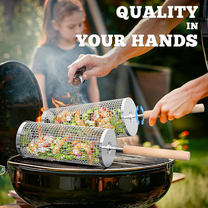 Rolling Grill Basket with Removable Wooden Handle