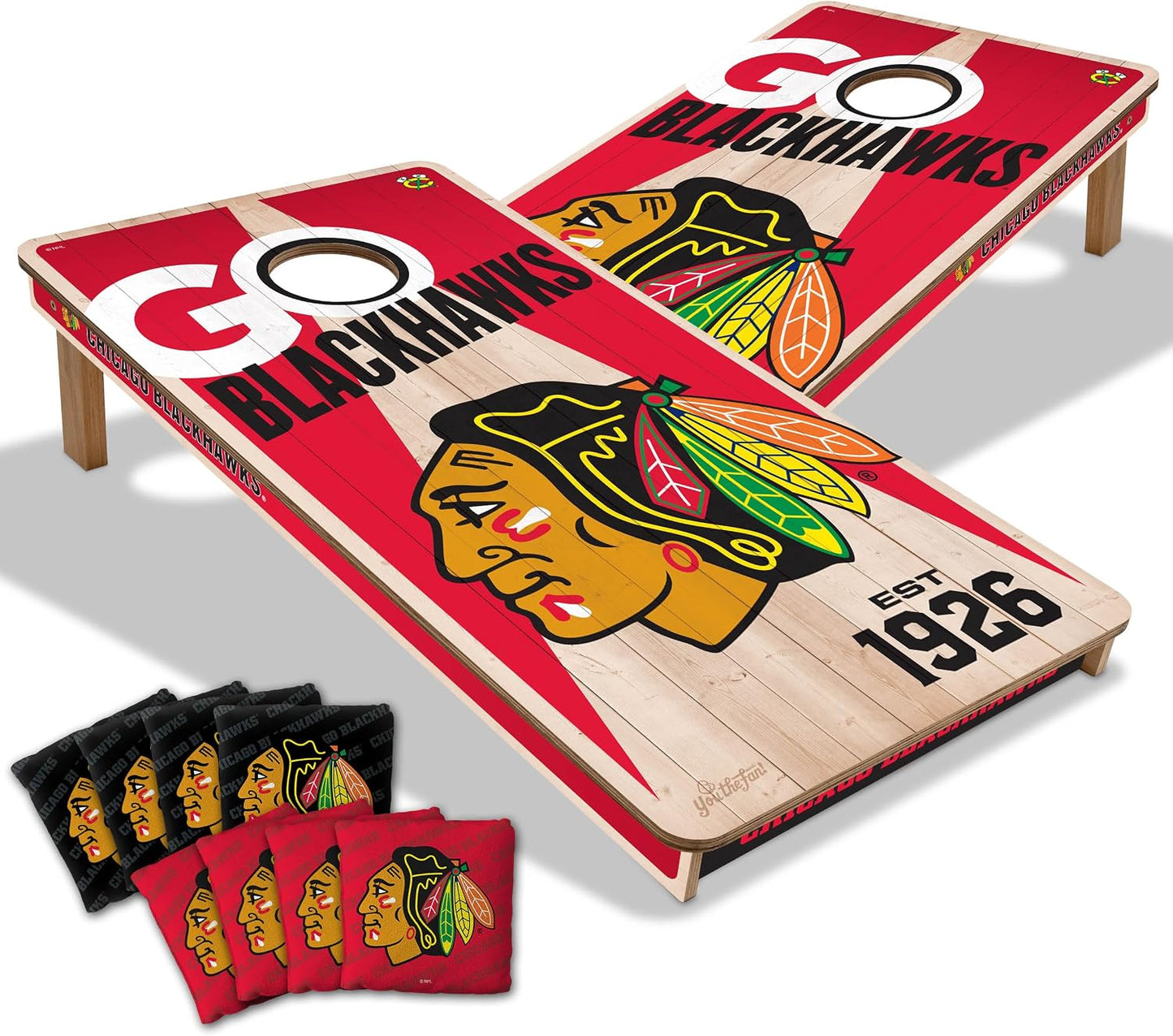 YouTheFan NHL Chicago Blackhawks 2’ x 4’ Professional Wood Cornhole Game with Logo Bags