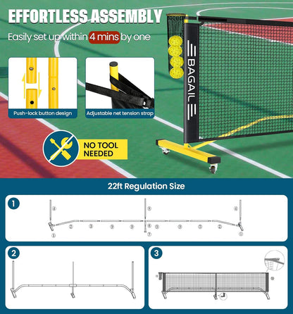 BAGAIL Portable Pickleball Net Set with Wheels, 22 FT Regulation Size