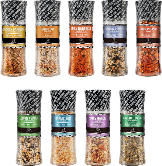 Soeos Spice Grinder Set of 9 — Fresh BBQ Seasoning with Adjustable Pepper Mills & Refillable Glass Bottles