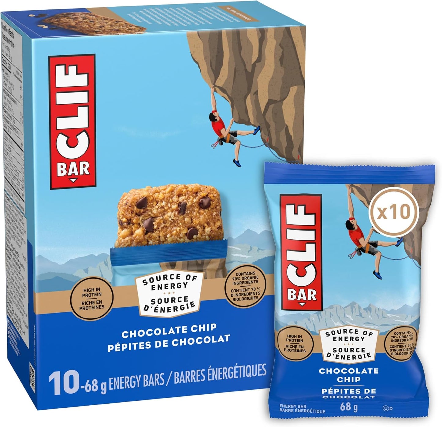 Clif Bar, Energy Bars, Chocolate Chip, High in Protein, 680 g (Pack of 10)