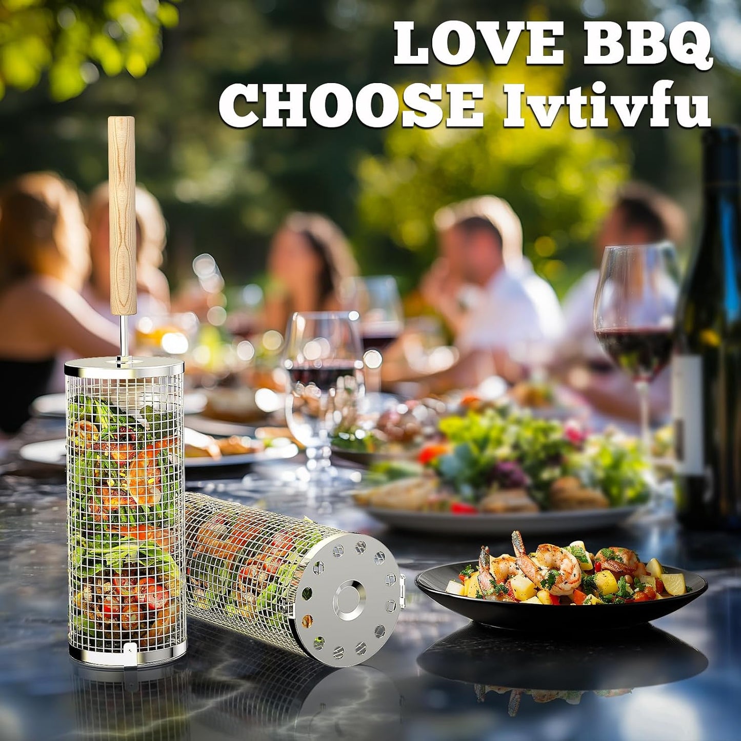Rolling Grill Basket with Removable Wooden Handle