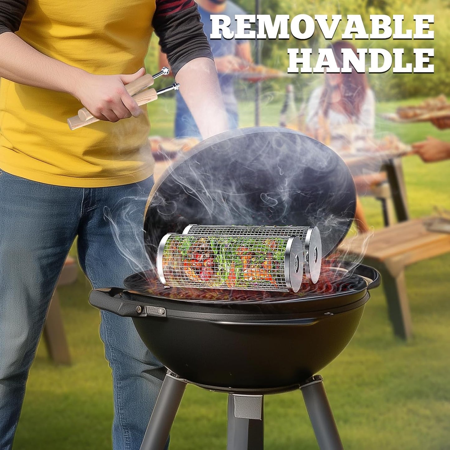 Rolling Grill Basket with Removable Wooden Handle