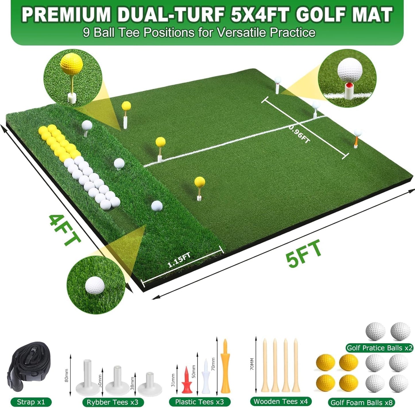 Golf Mat, 5x4FT&23X16IN Practice Mat Indoor/Outdoor,Artificial Thickened Golf Hitting Mat