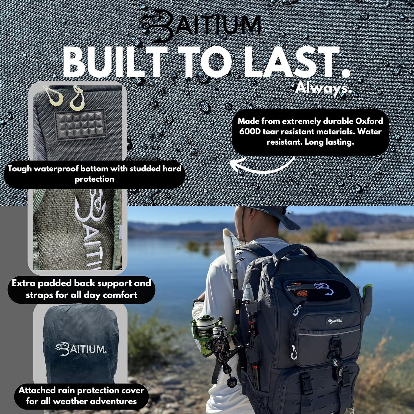Baitium Fishing Backpack, Tackle Bag With Rod Holders