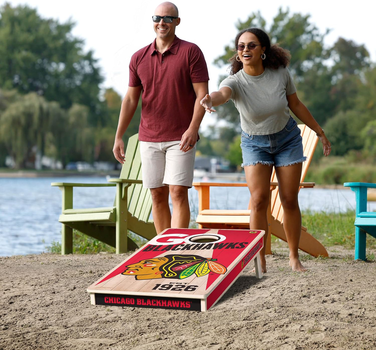 YouTheFan NHL Chicago Blackhawks 2’ x 4’ Professional Wood Cornhole Game with Logo Bags
