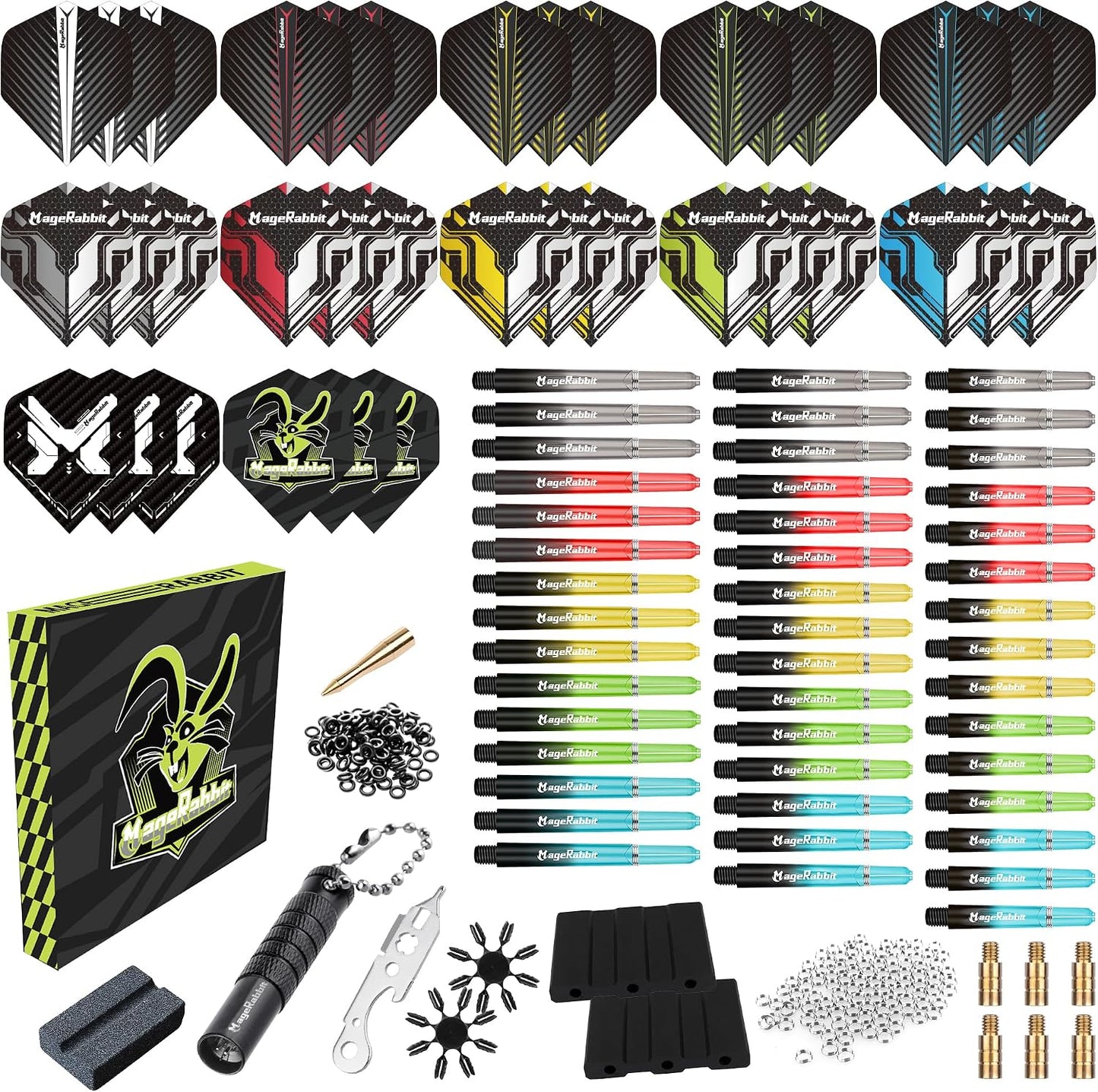 MageRabbit Dart Accessories Kit, 36 Dart Flights, 45 Dart Shafts, Sharpener, Dart Stems Remover Tool, 50 Metal Rings, 16 Dart Flight Protectors