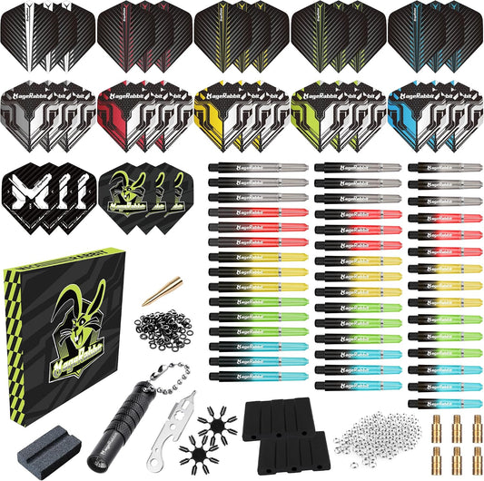 MageRabbit Dart Accessories Kit, 36 Dart Flights, 45 Dart Shafts, Sharpener, Dart Stems Remover Tool, 50 Metal Rings, 16 Dart Flight Protectors