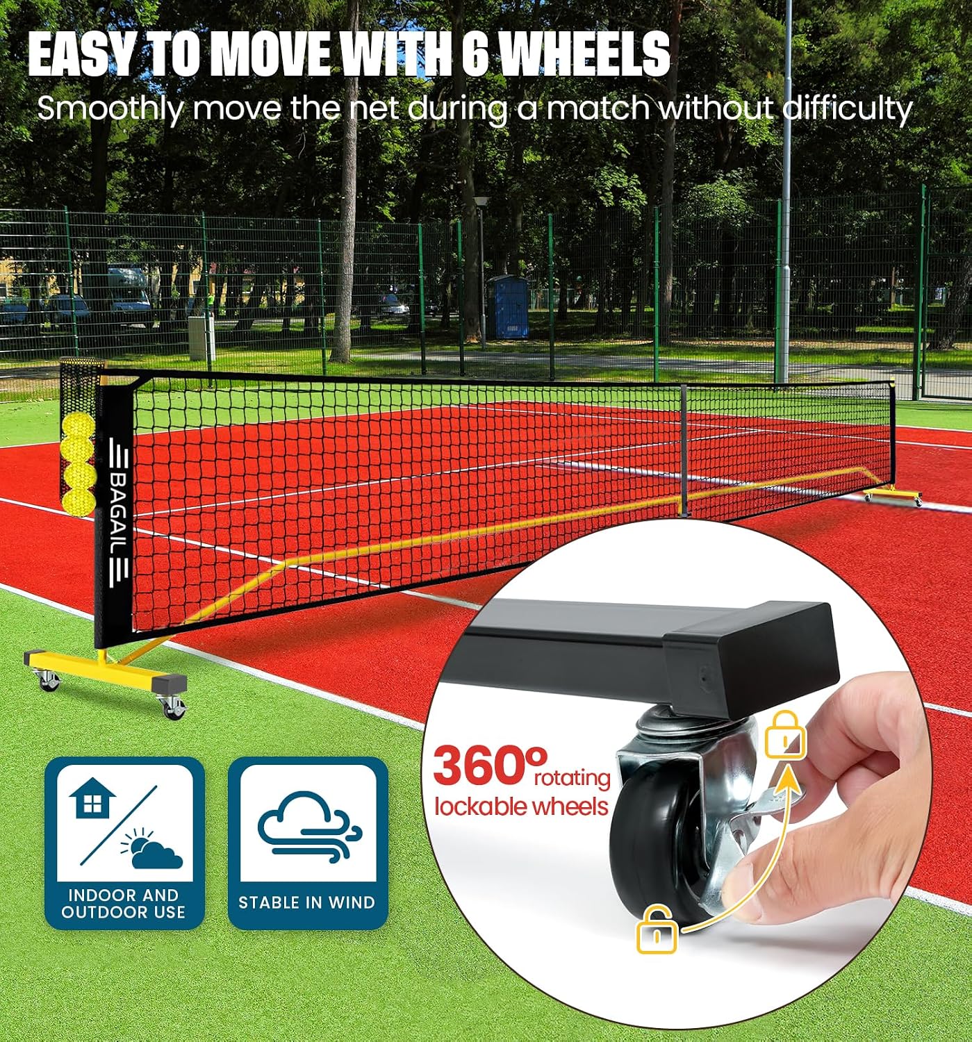 BAGAIL Portable Pickleball Net Set with Wheels, 22 FT Regulation Size